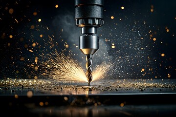 Heavy Metal Drill Press Operating on Thick Steel Sheet Producing Sparks in Dark Environment with Bright Bokeh Background