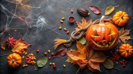 Carved pumpkin with a wicked grin surrounded by autumn leaves, berries, and a touch of smoke on a dark background