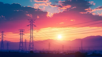 Wind turbines silhouetted against a vivid sunrise electricity pylons extending across rolling hills symbolizing clean energy transition