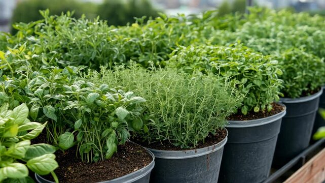 Vibrant Rooftop Herb Garden: A Collection of Fresh Herbs in Pots
