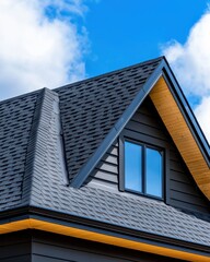 Modern house roof featuring textured shingles and a distinctive gable, set against a bright blue sky with fluffy clouds.