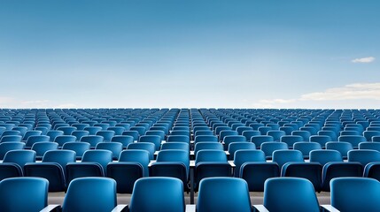 Empty Rows of Blue Seats in a Vast Stadium or Auditorium with a Clear Sky Above