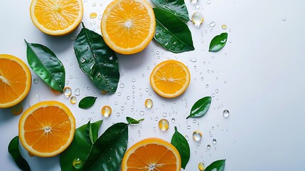 Fresh and Vibrant Oranges with Glossy Leaves and Water Droplets on a Clean Surface for Bright and Refreshing Food Photography