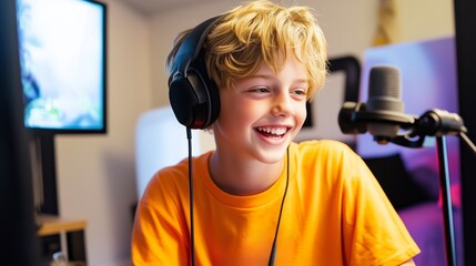 A young boy smiles while wearing headphones and speaking into a microphone during a recording session
