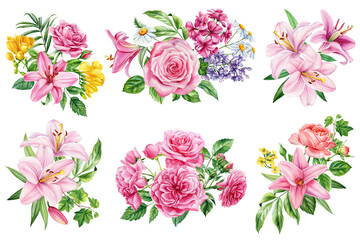 Blooming watercolor flower composition. Pink roses, lilies and leaves. Elegant floral clipart for invitations, art decor