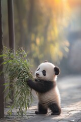 Obraz premium Panda cub eating bamboo is very cute