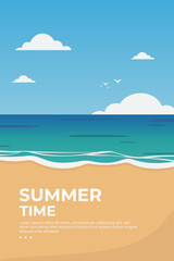 Illustration of a serene beach scene with gentle waves and a clear blue sky. Ideal for themes of relaxation, summer, and nature. Perfect for summer promotion materials or travel brochures. © colorfun