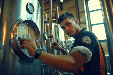 A focused young brewer adjusting a temperature gauge on a large stainless steel fermentation tank in a modern brewery, illuminated by natural and industrial light