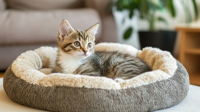 A newly adopted kitten in a cozy pet bed at home, exploring its new surroundings