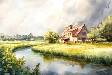 Obraz premium A picturesque watercolor illustration of a brewery house by a calm river, surrounded by lush green fields and gentle hops plants under a cloudy sky