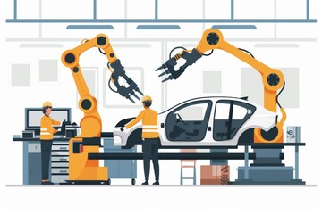 Advanced Robotic Arms in Automotive Assembly Line Showcasing High-Tech Manufacturing Process with Dedicated Workers and State-of-the-Art Equipment in Action
