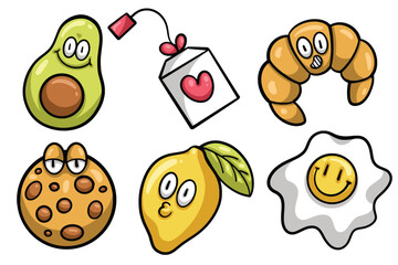 Set of Hand drawn trendy cartoon element. collection of avocado, tea, croissant, Chip Cookie, lemon, egg Isolated Vector