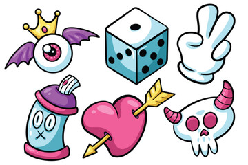 Set of Hand drawn trendy cartoon element. collection of demon eyes, dice cube, peace hand, spray paint, love arrow, skull Isolated Vector