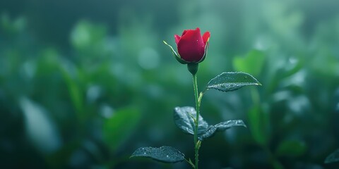 Fototapeta premium Beautiful Red Rose with Dew Drops Surrounded by Lush Green Leaves in a Soft, Misty Background, Perfect for Nature and Floral Themes