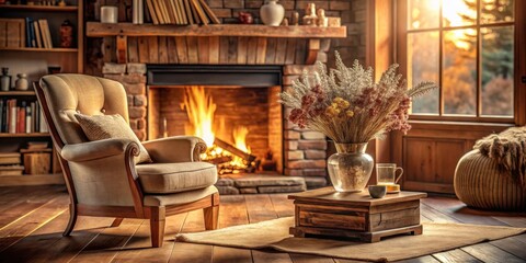 A cozy living room with a fireplace, an armchair, and a bouquet of dried flowers on a coffee table