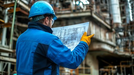 Engineer reviewing blueprints at an industrial plant