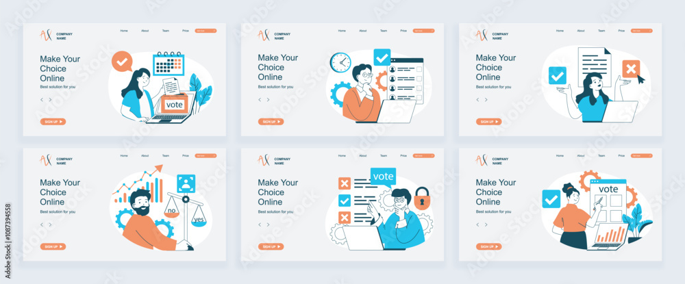 Aufkleber online voting concept of landing page with slide templates set in flat design. website headers with 