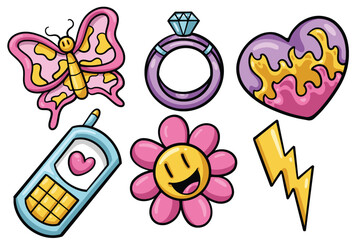 Set of Hand drawn cartoon y2k element. collection of butterfly, ring, burning love, handphone, flower, thunderbolt Isolated Vector