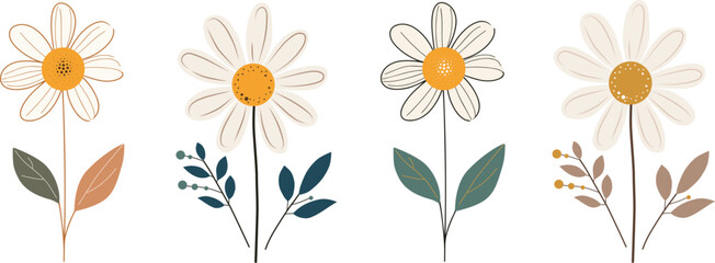 Minimalist Daisy Flower Illustration Set – Boho Floral Clipart, Neutral Tones, Modern Botanical Design for Wall Art, Home Decor, Crafts, Printables, and Digital Graphics