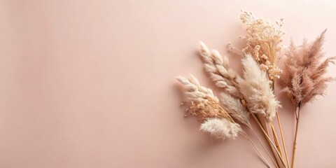 A delicate arrangement of fluffy pampas grass on a soft pink background, creating a simple yet elegant natural aesthetic.