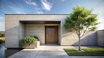 Modern minimalist architecture with a concrete exterior and a wooden door, featuring a small tree in the front yard and a small pond