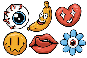 Set of Hand drawn trendy cartoon element. collection of eyes, banana, love, smile face, lick tongue, flower eyes Isolated Vector