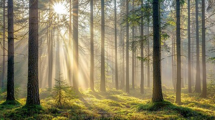 Obraz premium Serene Forest with Sunlight Filtering Through Trees