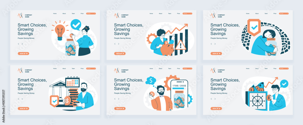 Wall mural people saving money concept of landing page with slide templates set in flat design. website headers