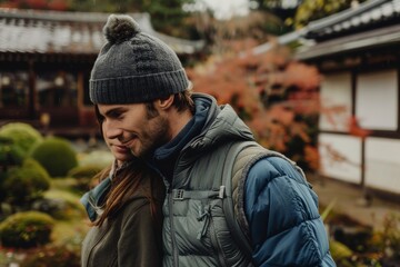 Fototapeta premium Portrait of a tender caucasian couple in their 30s dressed in a thermal insulation vest in backdrop of a traditional japanese garden