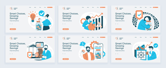 People saving money concept of landing page with slide templates set in flat design. Website headers with people planning budget, managing personal finance and doing deposits. Vector illustrations.