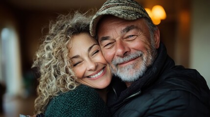 Obraz premium A middle-aged couple warmly embraces indoors, sharing a happy and loving moment that signifies companionship and joy, creating a sensation of warmth and happiness.
