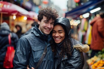 Obraz premium Portrait of a cheerful mixed race couple in their 20s wearing a windproof softshell isolated in bustling urban market