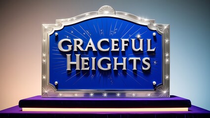 A stylish blue and silver sign reading "Graceful Heights" on a purple stand.
