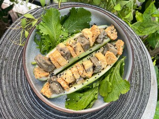Grilled esame mixed soy tofu salad with cucumber