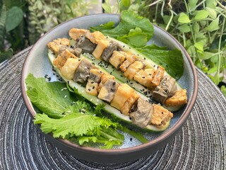 Grilled esame mixed soy tofu salad with cucumber