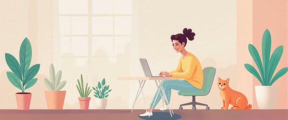 Fototapeta premium Woman working from home with her cat, concept of remote work, freelance, home office, cozy atmosphere.