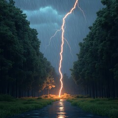 Lightning illuminating forest clearing, rain pouring down, dramatic scene, 3D illustration