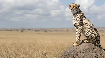 Cheetah sitting on termite mound in African savanna.