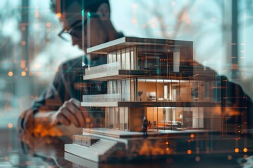 Innovative Architect Working on a Detailed Scale Model of a Modern Building in a Bright Workspace with Futuristic Digital Overlay and Warm Lighting Effects