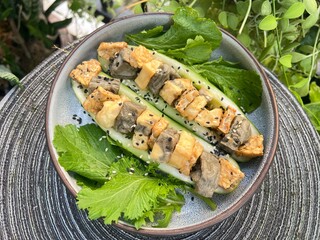 Grilled esame mixed soy tofu salad with cucumber
