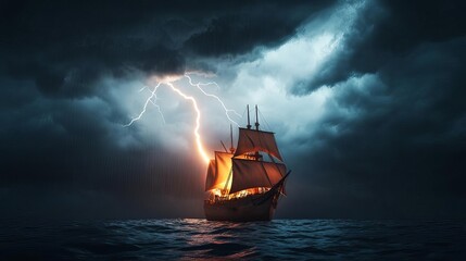 Fototapeta premium Lightning illuminating ship at sea, intense storm with dark clouds, 3D illustration