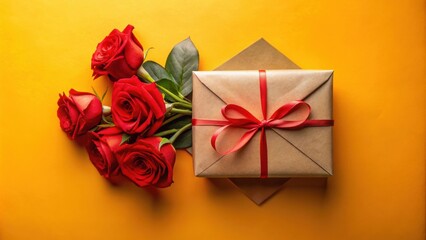 A brown gift box tied with a red ribbon sits next to a bouquet of red roses on a bright yellow background.