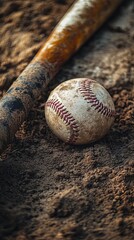 Close Up of Worn Baseball and Bat on Dirt Field