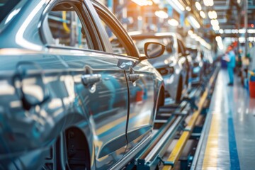 Modern Automotive Production Line with Sleek Vehicles in a Bright Factory Environment Showcasing Cutting-Edge Manufacturing Techniques and Quality Control Processes
