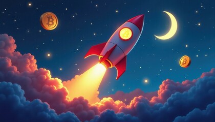 Naklejka premium Bitcoin Rocket Launching to the Moon at Night, Cryptocurrency Investment and Success Concept.