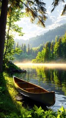 Misty Dawn at the Mountain Lake with Calm Water