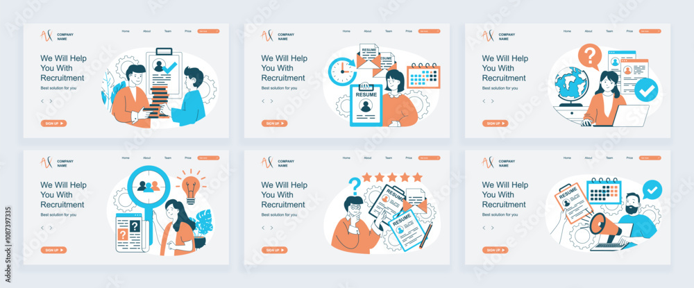 Fototapete Recruitment concept of landing page with slide templates set in flat design. Website headers with people finding staff, searching best cv online, interviewing candidates, hiring. Vector illustrations.