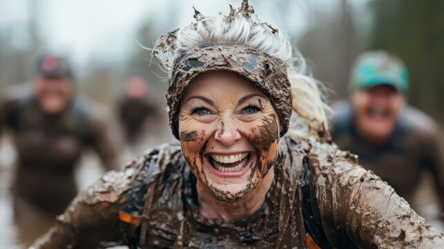 Muddy woman smiling excitedly while crawling on an obstacle course, displaying a sense of adventure, bravery, and enthusiasm in a team race environment.