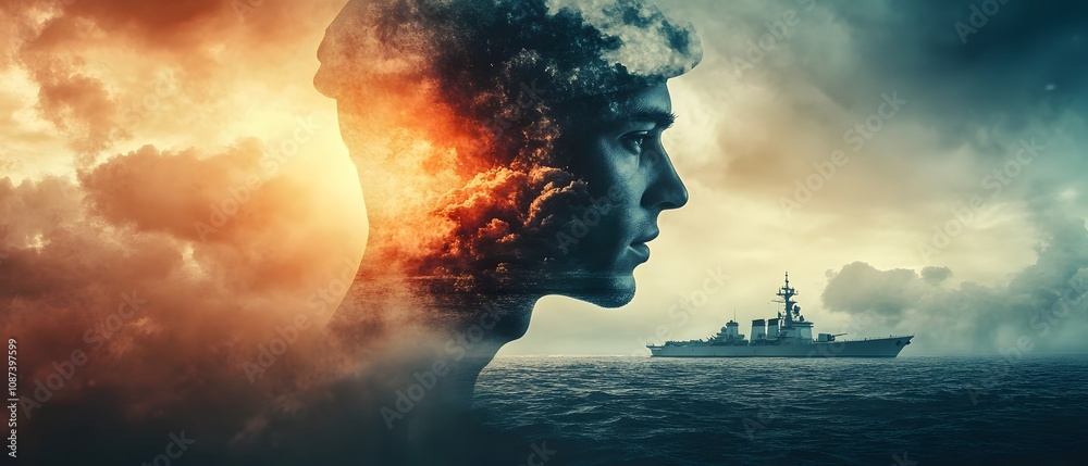 Poster ethereal portrait of a person merging with nature and maritime elements against a dramatic sky, symb