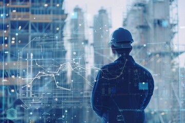 Professional Engineer Analyzing Data Visualization in Construction Environment with Digital Technology Insights and Architectural Elements in Background